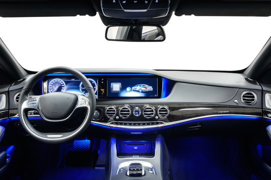 Car interior dashboard black with blue ambient light