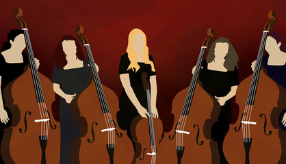 Silhouette of cello players (musicians) on red background © opeth91