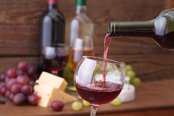 Red wine pouring into glass, close-up.