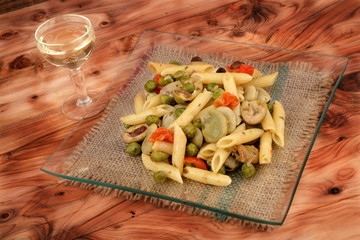 Penne with broad beans and peas