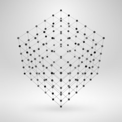 Wireframe polygonal element. 3D cube with lines and dots