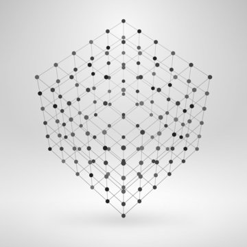 Wireframe polygonal element. 3D cube with lines and dots