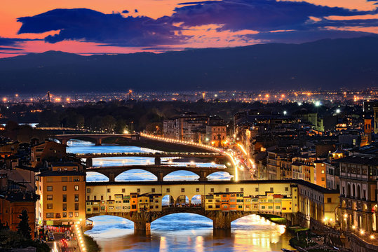 Florence, Arno River and Ponte Vecchio after sunset, Italy,Europ