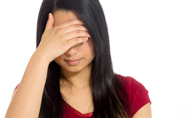 Model hiding face shame