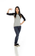 Model isolated pointing to herself