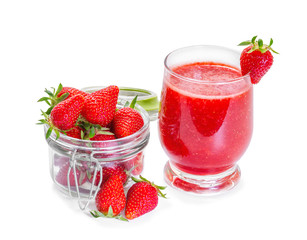 Strawberry smoothie with fresh berries isolated on white backgro