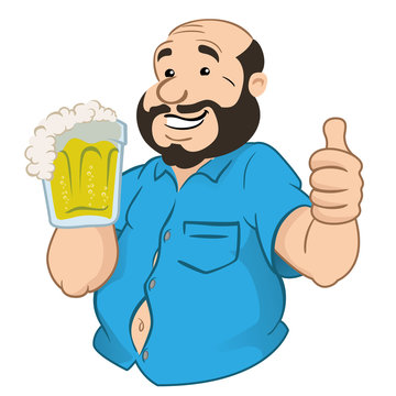 One fat and bald man with a beer mug