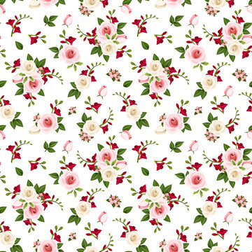 Vector seamless pattern with roses and freesia flowers. 