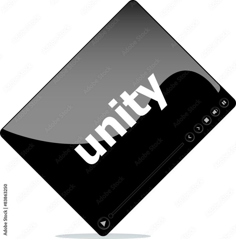Poster social media concept: media player interface with unity word