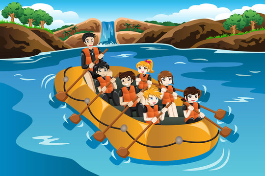 Kids rafting in a river
