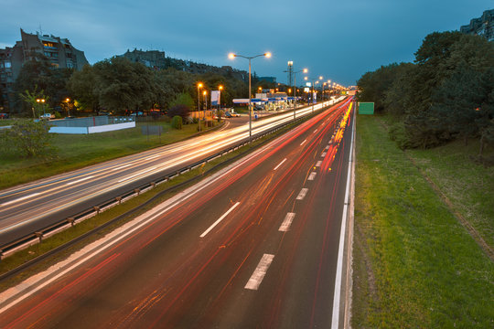 Long exposure photo on a highway at dusk