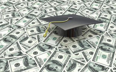 Mini graduation cap on US money -- education costs