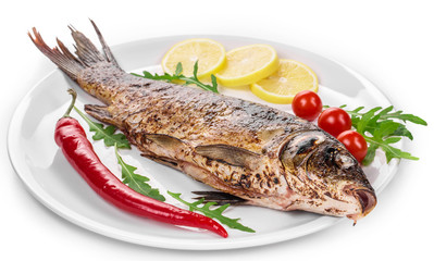 Close up of grilled carp steak. 