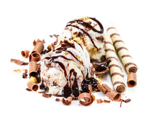 Scoops of ice cream with chocolate