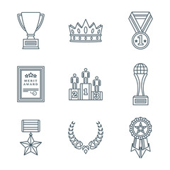 dark color outline various awards symbols icons collection.