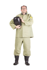 Fototapeta premium Smiling worker holding welder mask.
