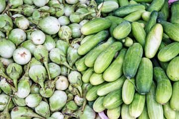 Pile of fresh green cucumbers and eggplant