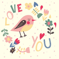 Greeting card with cute bird