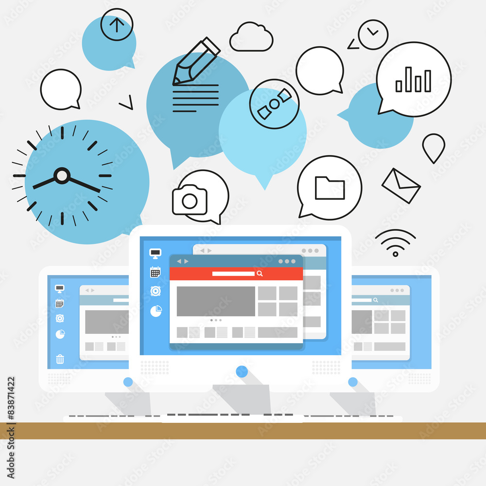 Aufkleber group of modern computer workstations. illustration of teamwork