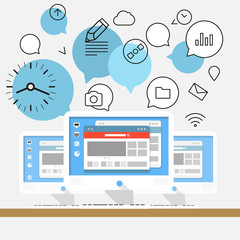 Group of modern computer workstations. Illustration of teamwork