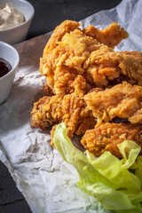 Hot breaded pieces of chicken.