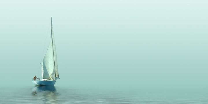 Sailboat sailing in the fog.