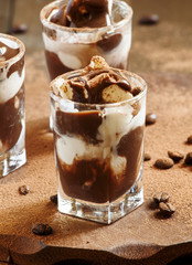 Dessert of ice cream and chocolate, decorated with cocoa and cof