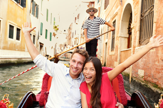 Tourists On Travel Happy Couple In Venice Gondola