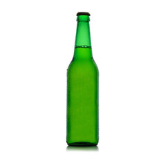 Beer bottle green with drops isolation