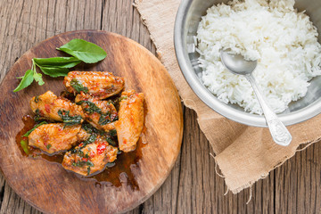 fried chicken with basil leaves