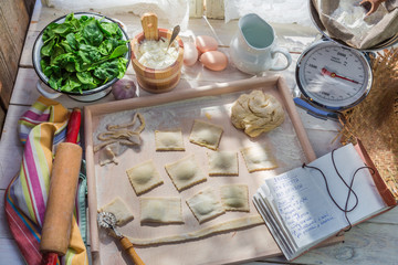 Preparations for ravioli made of ricotta and spinach © shaiith