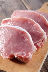 Meat, pork, slices pork loin on wooden board 