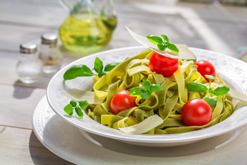 Homemade tagliatelle in the sunny kitchen
