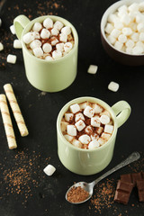 Cup of hot chocolate with marshmallows on black background