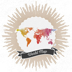 World map with vintage style star burst, colorful rainbow