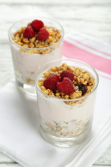 Muesli with yogurt and raspberries in a glass 