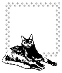 Vector frame with black cat and cat's footsteps