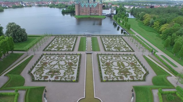 Aerial view of Frederiksborg Palace in Hilleroed, Denmark