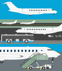 Airport infographic set. Business jet, passenger bus, carts