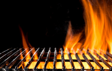Empty grill grid with fire flames on black