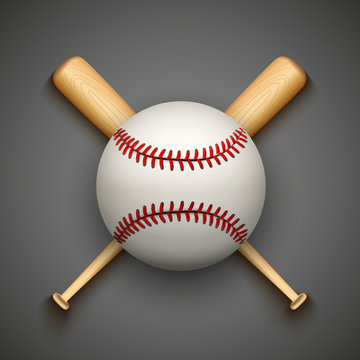 Vector dark background of baseball leather ball and wooden bats.