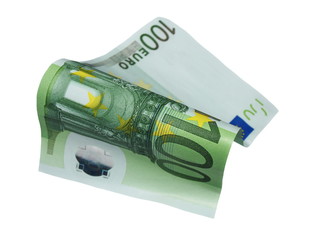 flying one banknote 100 euro isolated on white