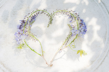 Blooming wisteria flowers romantic heart vintage background - 83885441