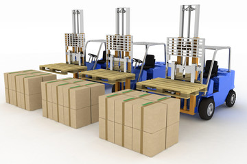 Three loaders without cargo. 3d image on a white background