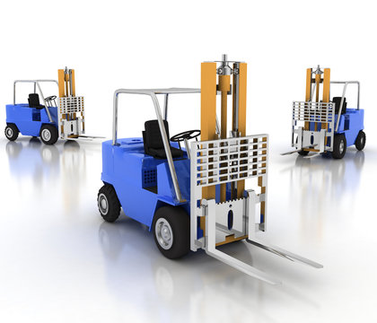 Three loaders without cargo. 3d image on a white background
