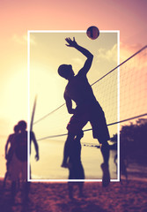 Beach Volleyball at sunset Playing Sport Concept