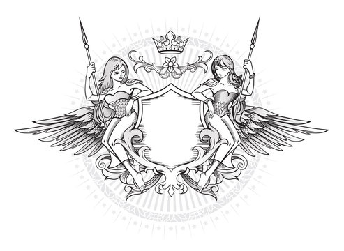 Winged Emblem with two long-hair girls holding the shield