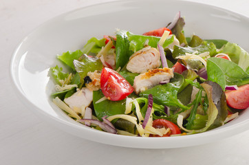Fresh Salad with chicken on  white plate.