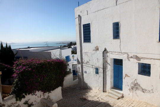 Sidi Bou Said - typical building with white walls, blue doors and windows