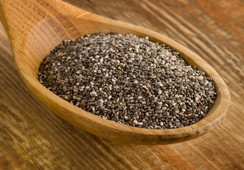 chia seeds on  wooden spoon.